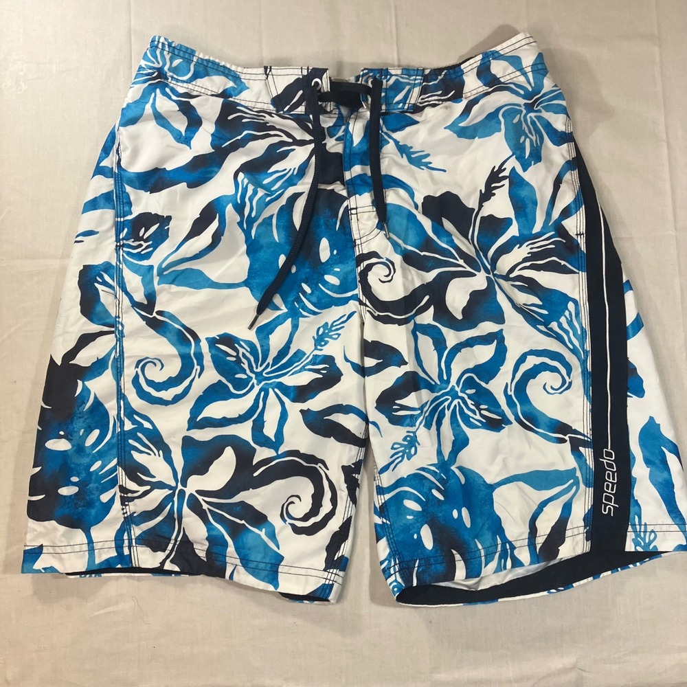 Speedo Mens Blue White Floral Hibiscus Board Shorts Swim Trunks Size L Mesh
